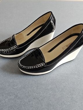 Geox Black Patent Wedges with White Platform and Silver Trim